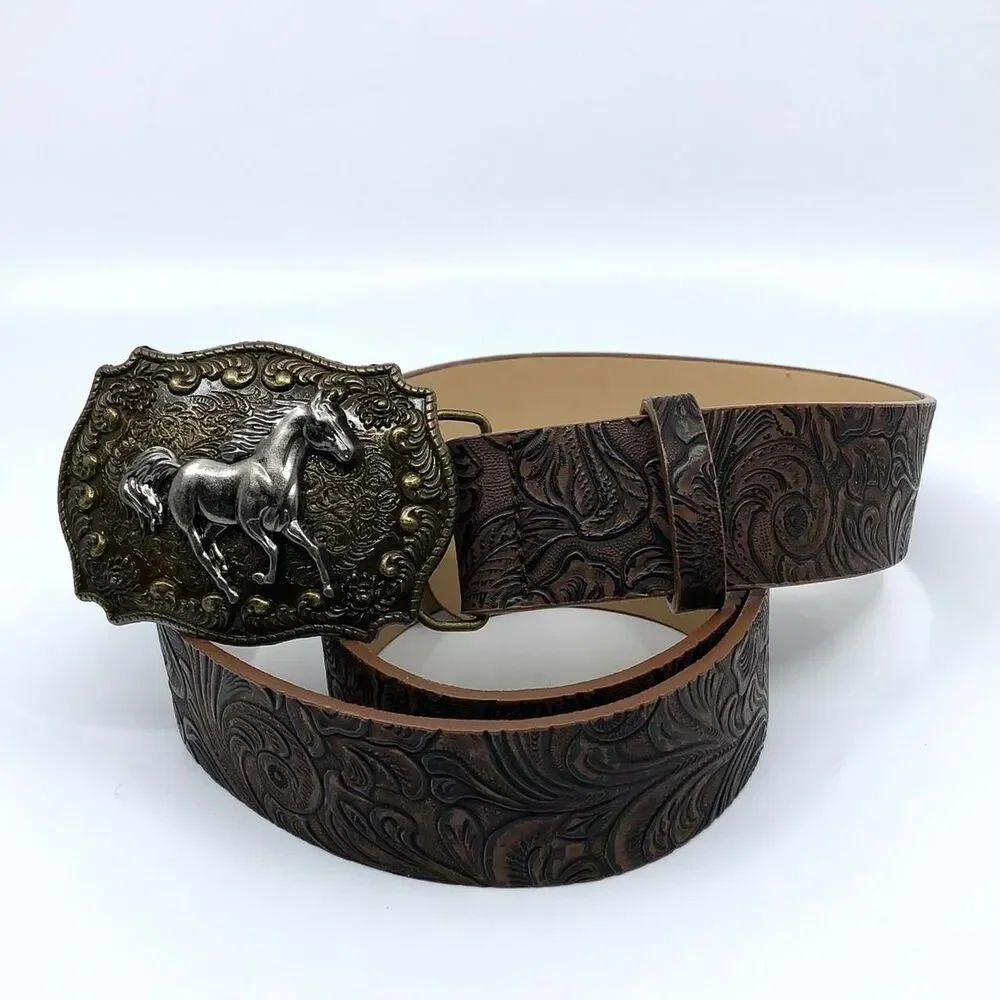 Vintage Ornate Western Brown Faux Leather Belt, Fits 28.5–39 Inches, X7GA1213